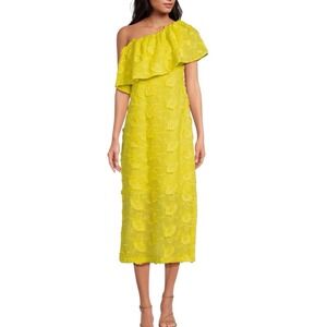 Abbey Glass Sutton‎ Lace 3D Floral Ruffle One Shoulder Midi Dress XL Yellow Boho